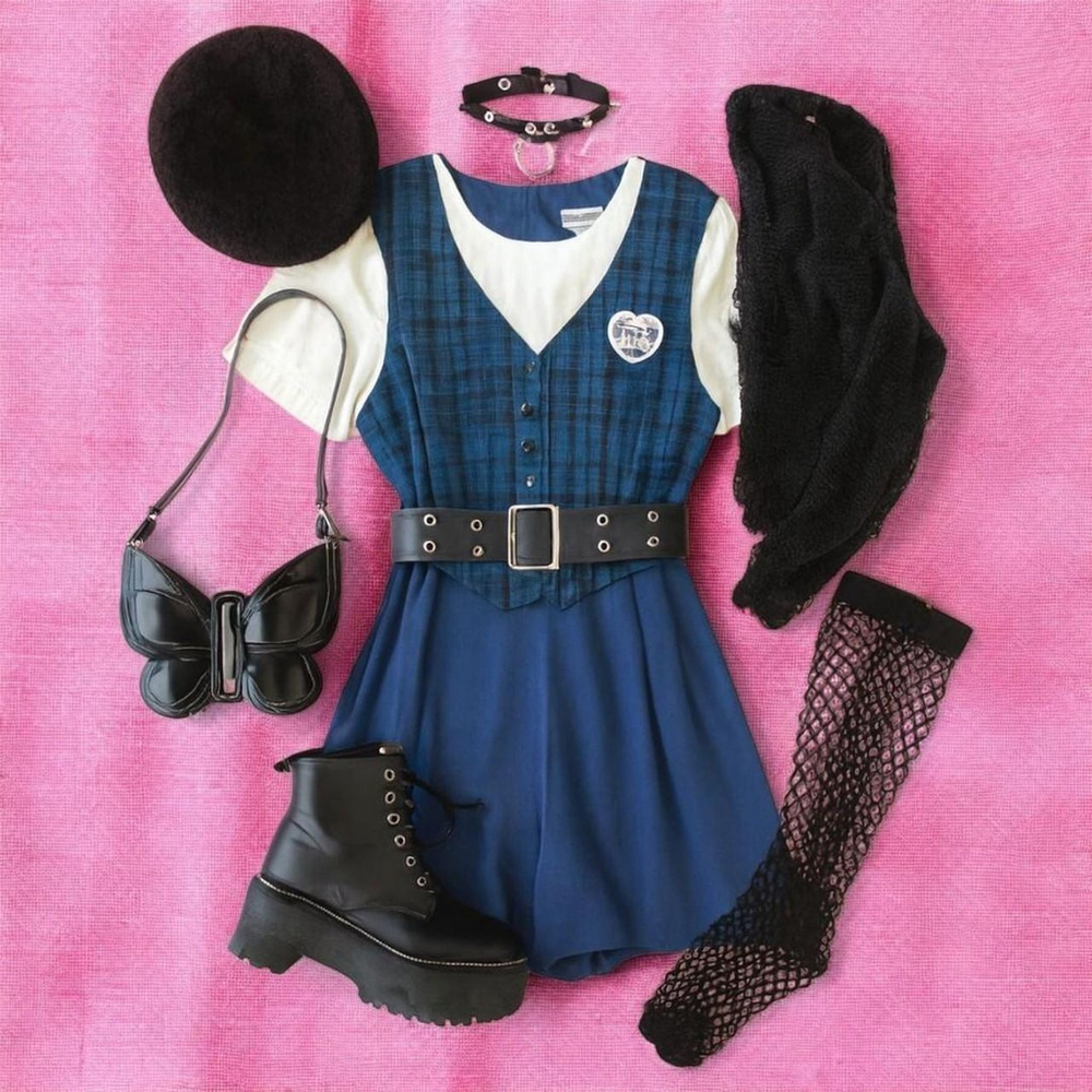 Vintage 90s Blue Black Purple Plaid Romper